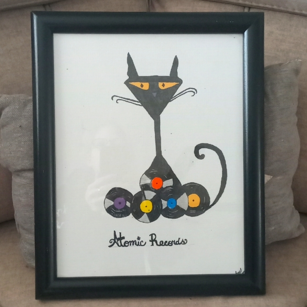 Original Mid-century Inspired Atomic Kitty Records Framed Painting 8x10